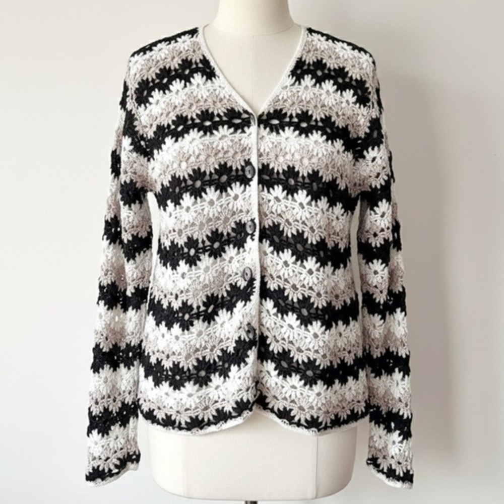 Hand Knit Vintage 90s Cardigan Floral Button Front Cotton Sweater Size XL